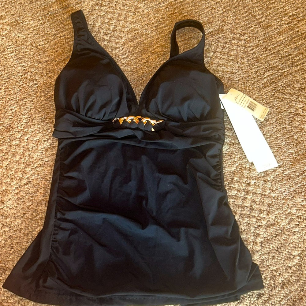 Profile by Gottex Black Tankini top gold metal midsection Size 4